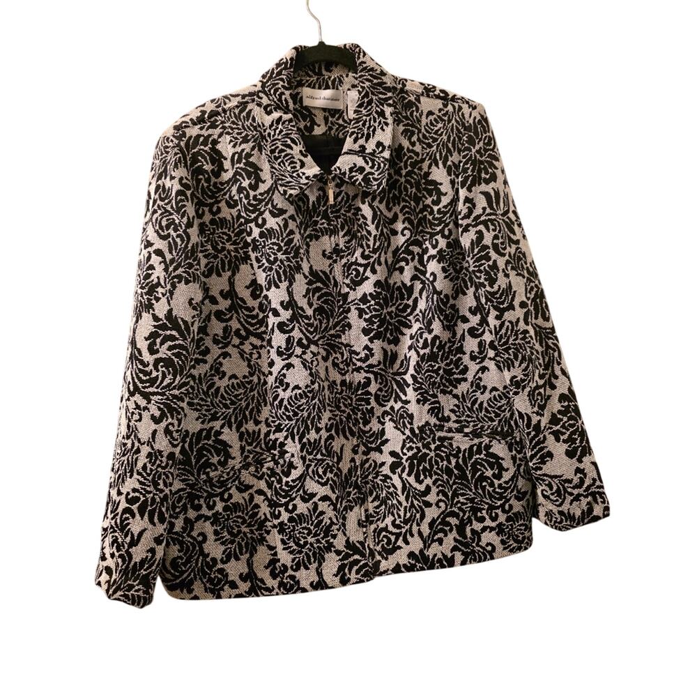 Vtg Floral Paisley Tapestry Jacket Blazer Black White Full Zip Women 18 Workwear